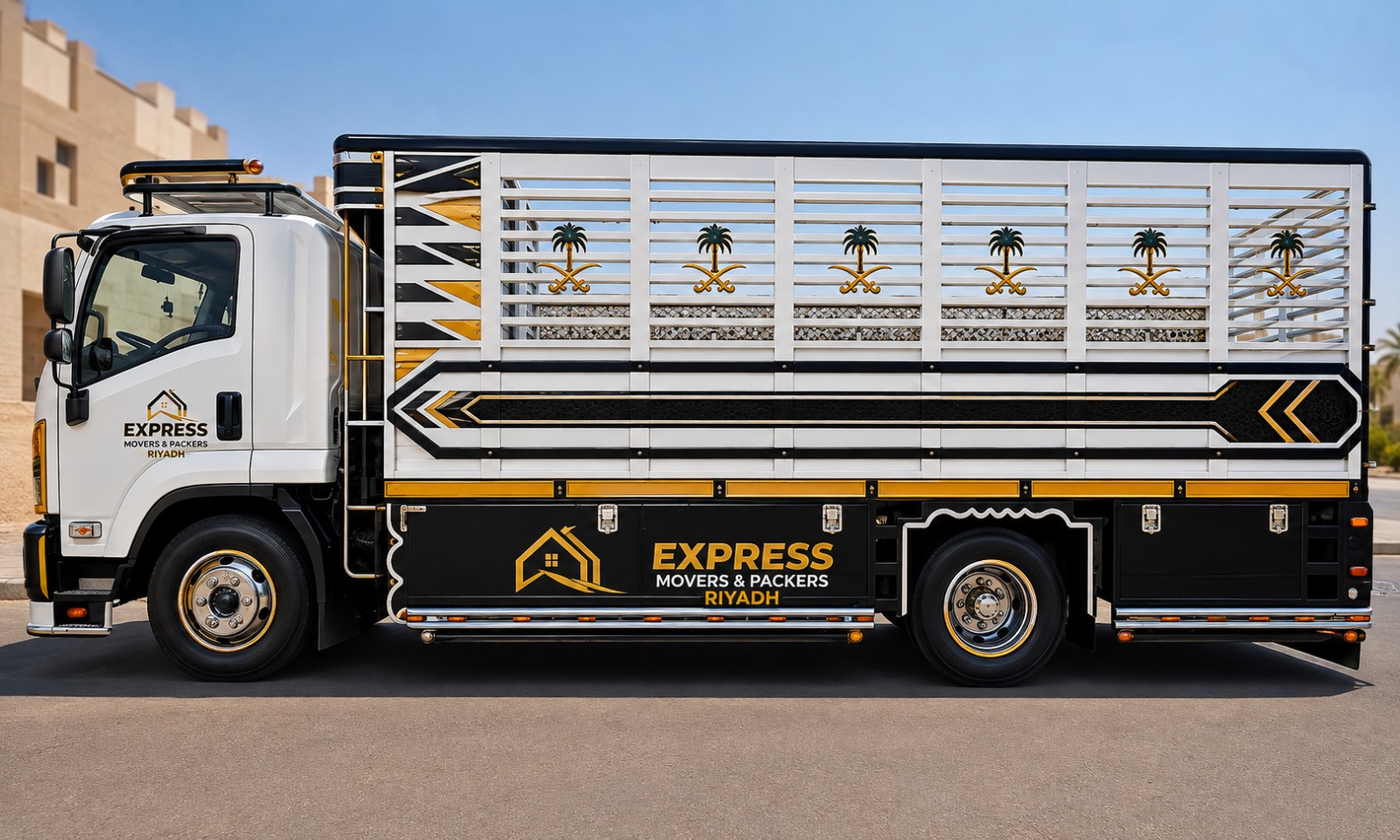 Express Movers and Packers branded moving truck in Riyadh, Saudi Arabia